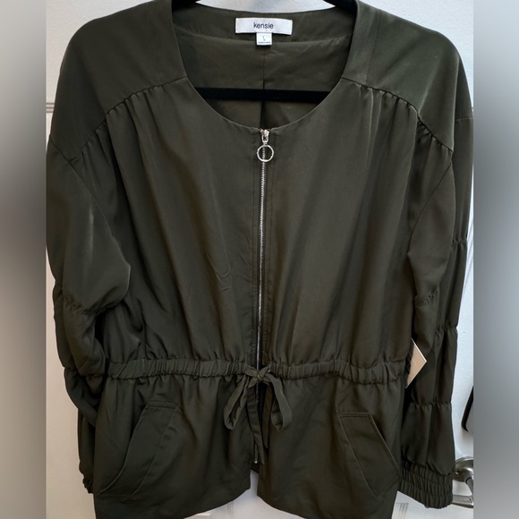 Kensie Waist Cinching Full Zip Olive Green Women's Jacket LG NWT Neutral Fall - Picture 13 of 15